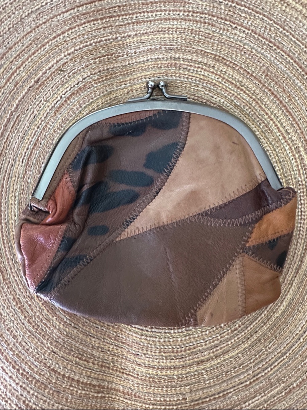 Vintage Patchwork Genuine Leather Kiss-Lock Coin Purse / makeup bag- Brown Tones